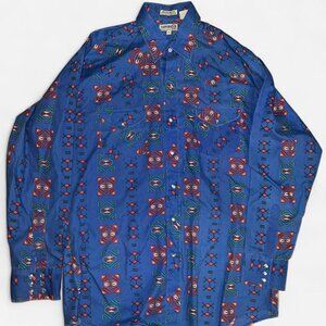 Vintage Sheplers Western Shirt Mens Large Blue Aztec Print Pearl Snap Cowboy 80s